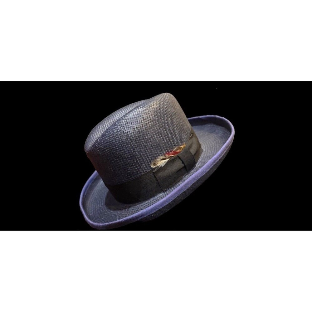 Dorfman Pacific Navy Woven Straw Fedora Pork Pie Hat Feather Band Unisex M/L